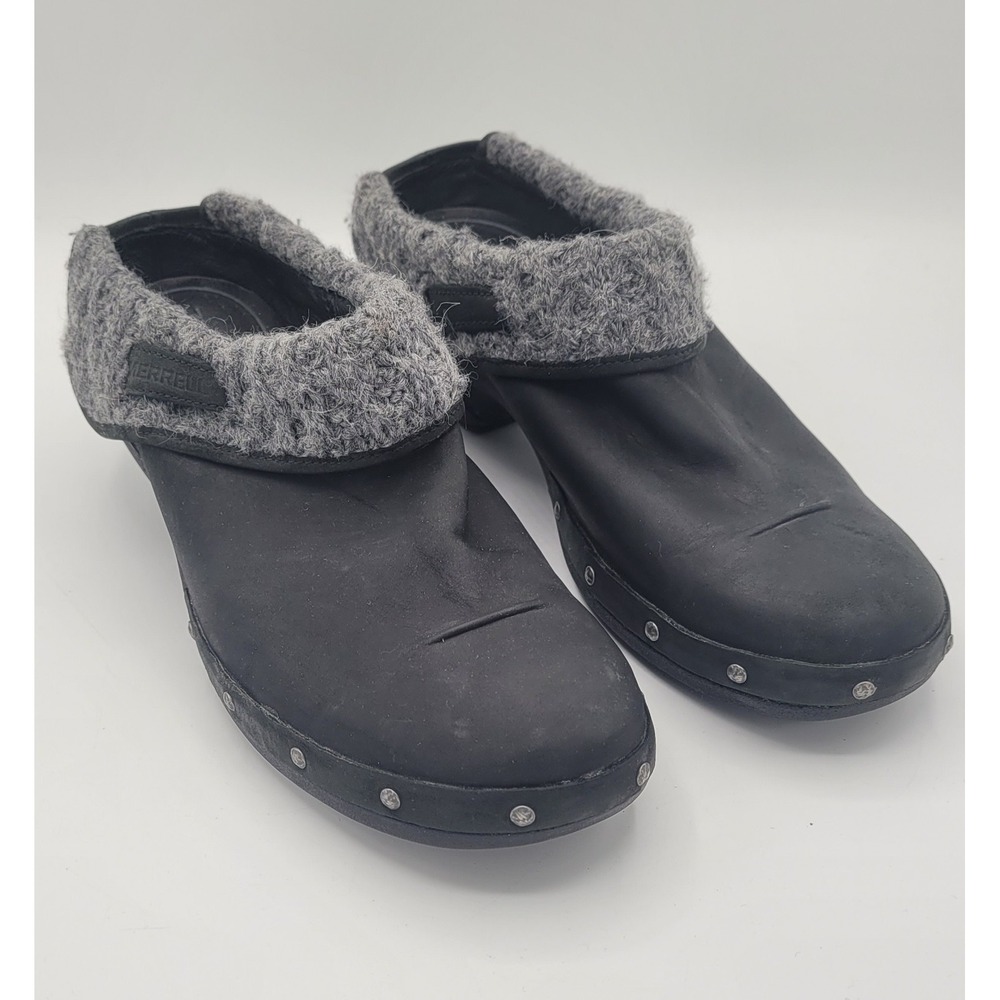 Merrell Luxe Knit Black Nubuck Leather Slip On Clog Womens Sz 10 Knit Studded